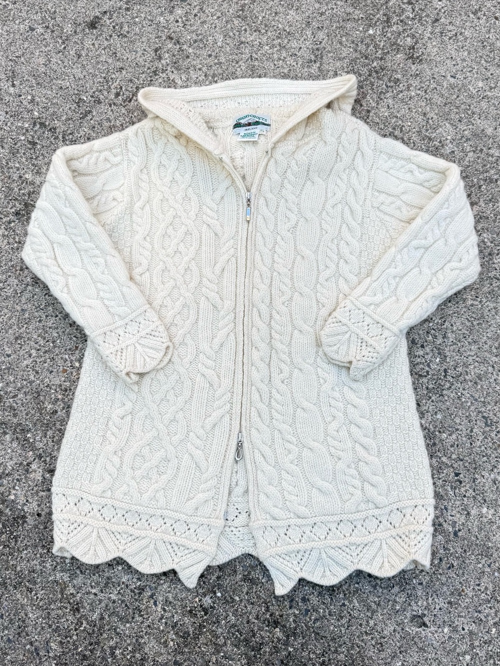 Aran Crafts Ireland 100% Merino Wool Hooded Zip Cable Knit Cardigan Small